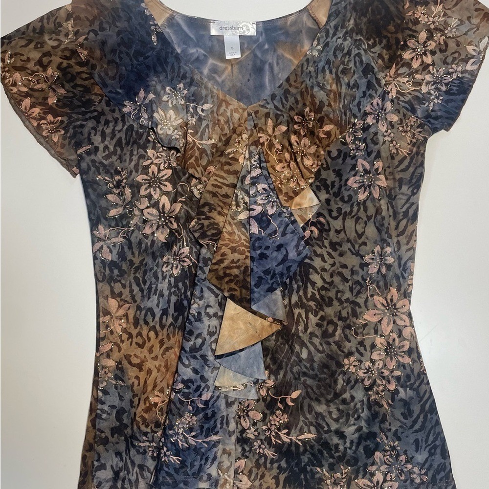 Dressbarn Women's Size S Sheer Floral Cheetah Print Ruffle Blouse Top - Picture 2 of 6